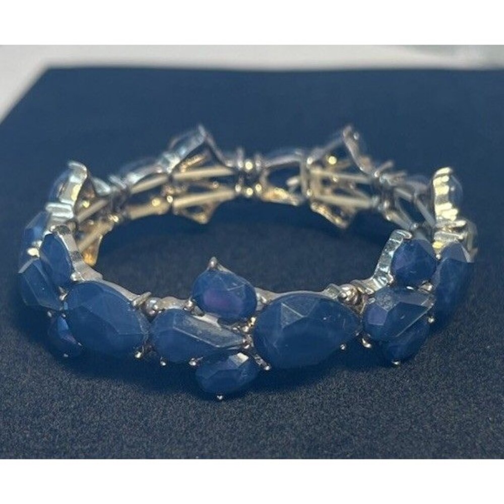 Vintage Blue Rhinestone Stretch Tennis Bracelet Gold Tone Formal Cocktail
